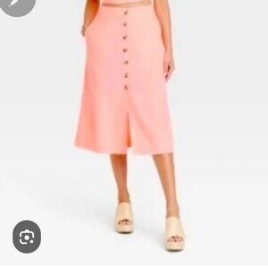 Women's  Linen Pink Button-Front Midi Skirt Sz L